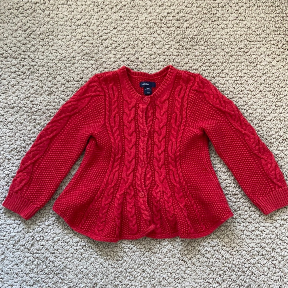 100% Cotton Gap Kids Red Cable Knit Cardigan Peplum Sweater -Size 18-24 Mths